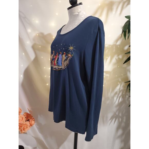 Quacker Factory New Womens Nativity 3 Wise Men Long Sleeve Top Size L Christmas - Picture 2 of 11